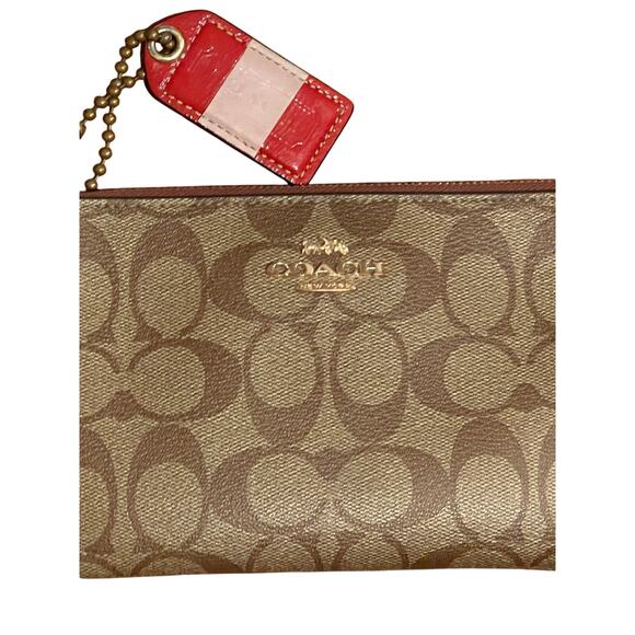 Coach Large Corner Zip Wristlet / Wallet Signature Canvas CS438 IM/Khaki Saddle - Picture 12 of 14